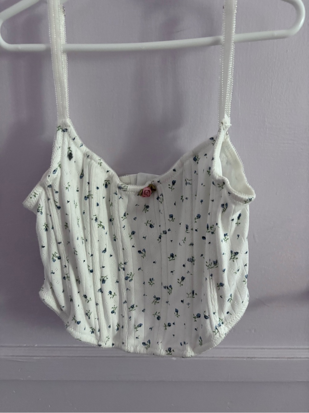 PacSun White Floral Ribbed Cami with Rose Accent